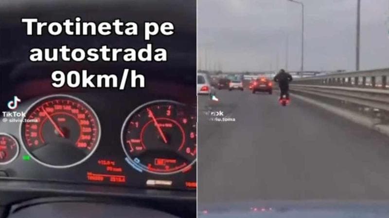 (video) Cursă nebună pe trotinetă pe Autostrada Transilvania. Un bărbat gonea cu 90 km/h printre maşini: „I-a zis una ca e singură acasă”